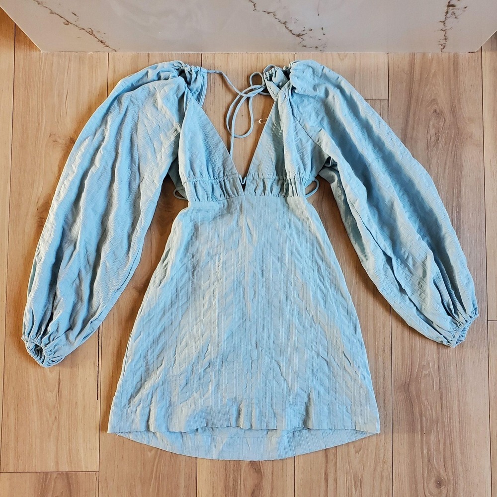 Free People Endless Summer Fine Lines Dress Womens XS Blue Long Sleeve Mini Boho